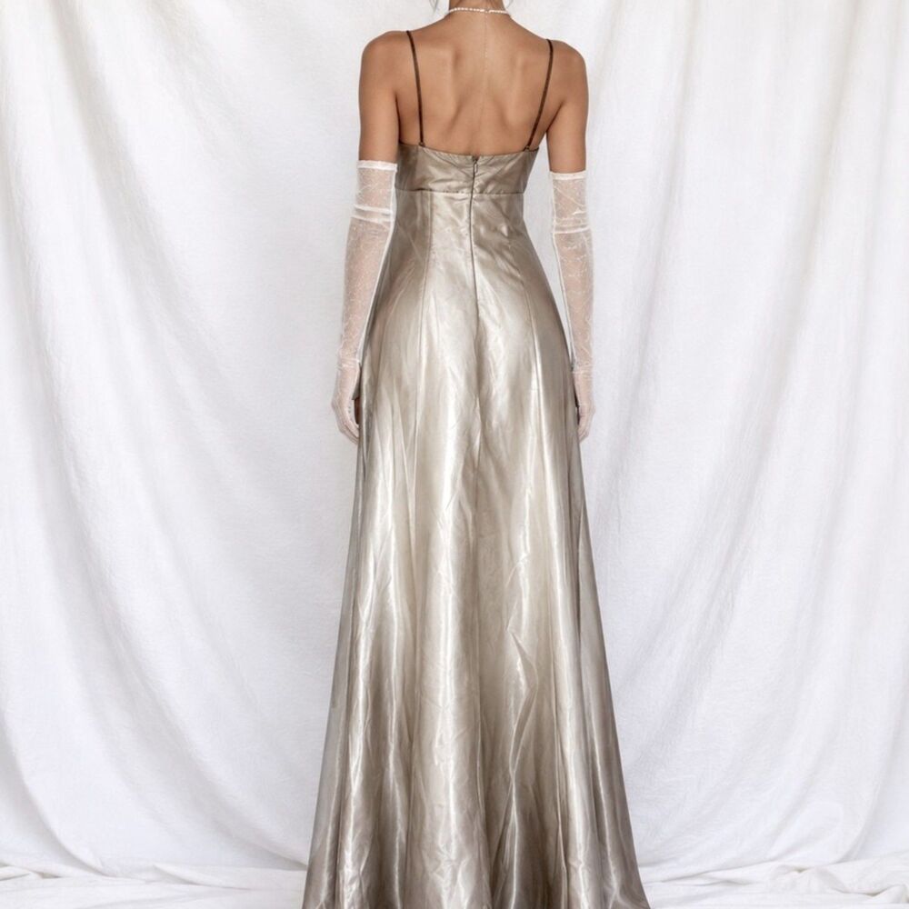 Vintage Y2K Beige Gold Mesh Satin Floral Beaded Formal Maxi Prom Dress Size M/L - Picture 4 of 12